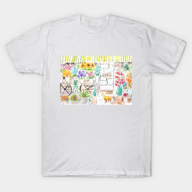 flower shop and cat ink and watercolor T-Shirt by colorandcolor